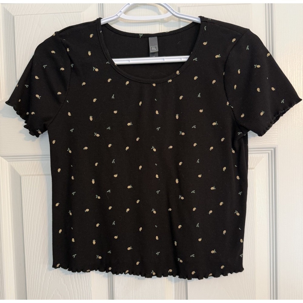 Y2K Alya Lemon Print Ribbed Baby Tee Lettuce Hem Crop Top Sz M Womens 90s 2000s - Picture 1 of 9